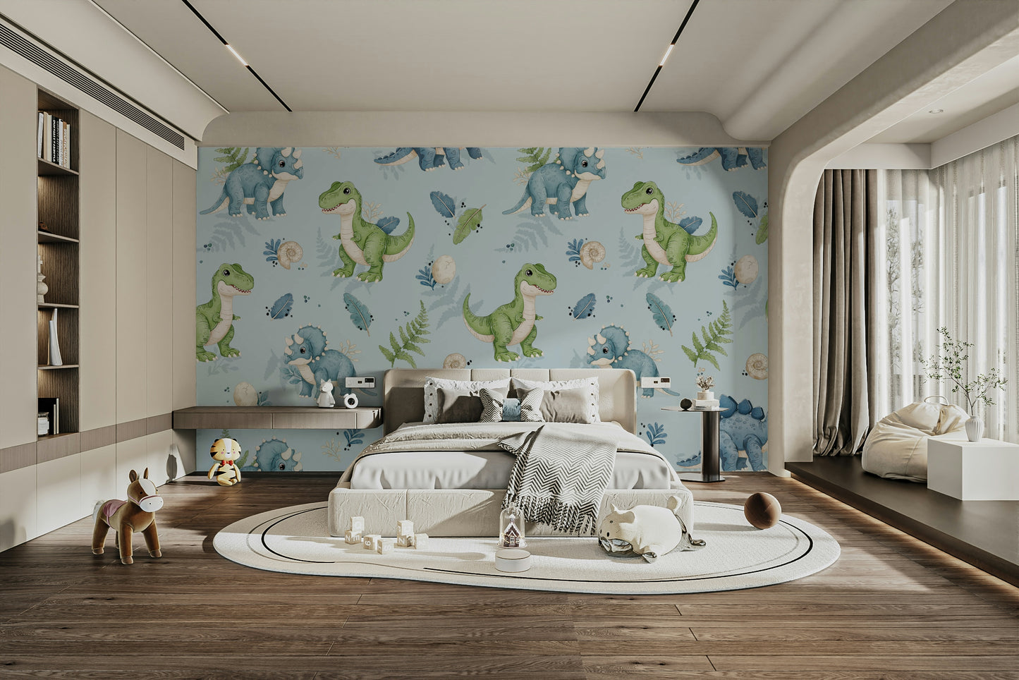Soft blue kids wallpaper with dinosaurs