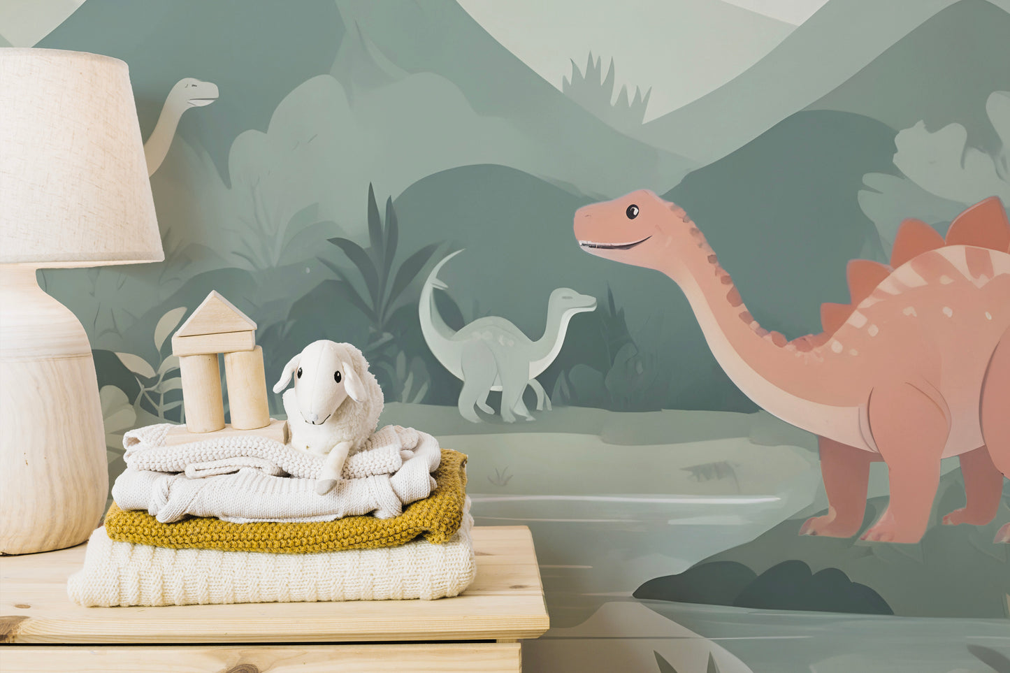 Removable self adhesive Kids Dinosaur wall Mural in a child's room for a damage-free prehistoric update.