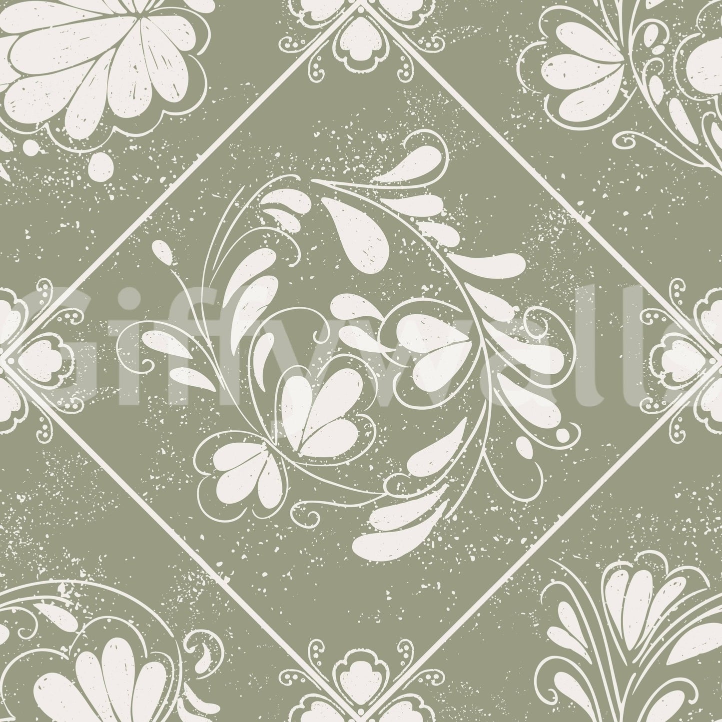 Muted floral diamond wallpaper in cloakroom, subtle pattern with simple mirror and fittings