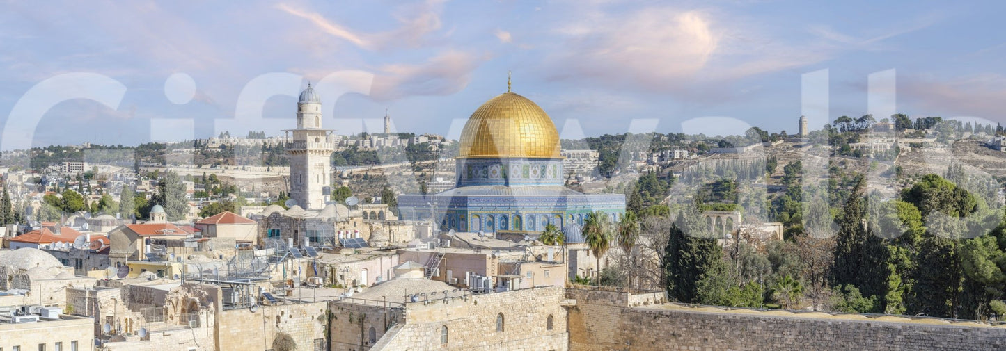 Soft golden dome with Jerusalem city skyline