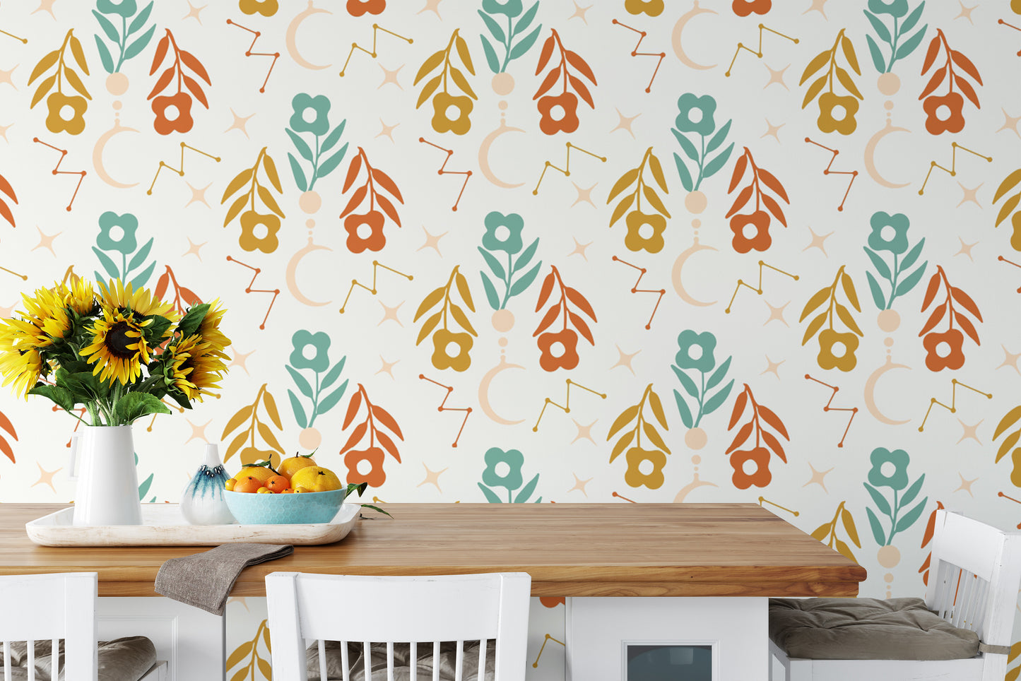 Trendy wallpaper with flowers and celestial shapes