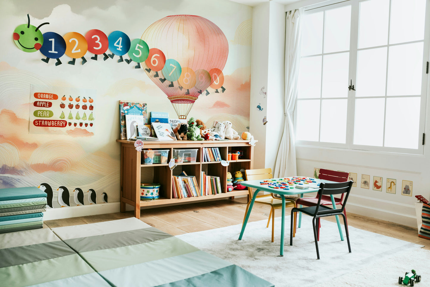 Neutral colour balloon mural for a minimalist living room.