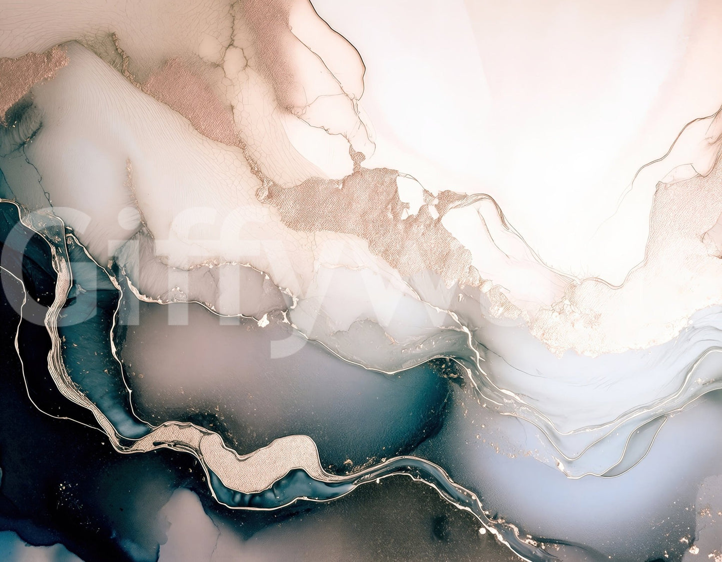 Dreamy Mineral Layers Rose Gold wallpaper mural close-up showing the blush, navy and rose gold ink pattern with metallic veining