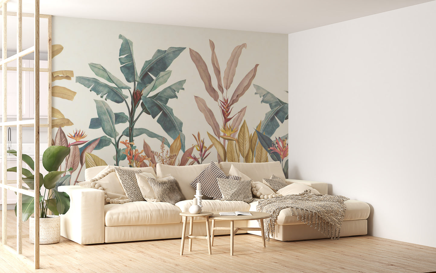 Dusty Pink Green Tropical Wallpaper Mural - Giffywalls