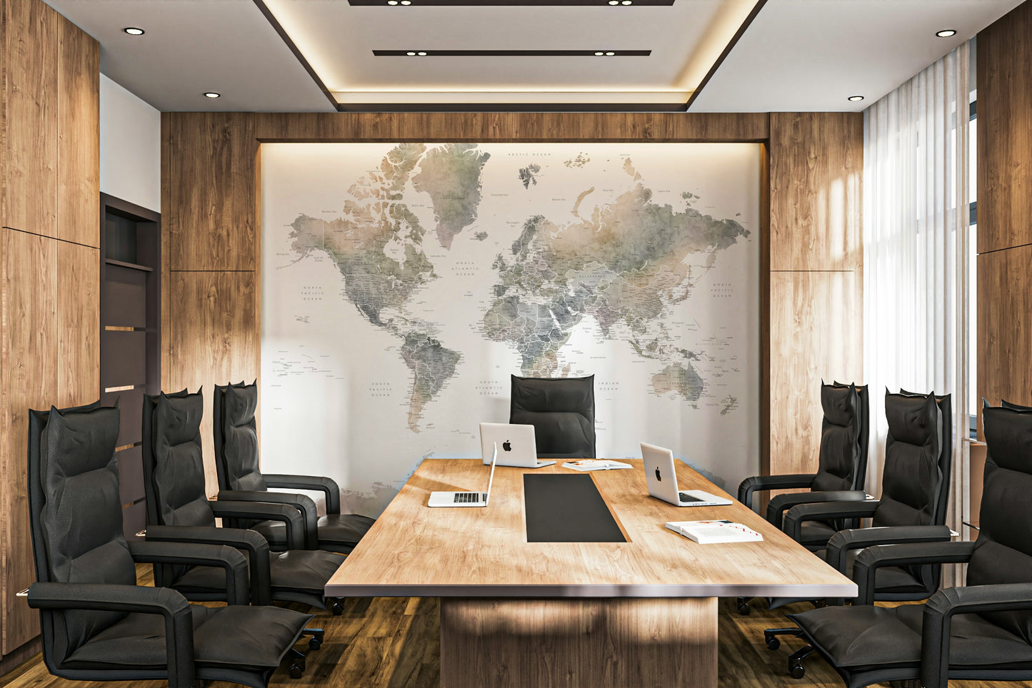 Earthy world map wallpaper for boho living rooms
