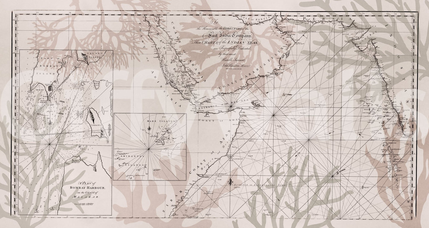 Nature-inspired mural with East India trade map