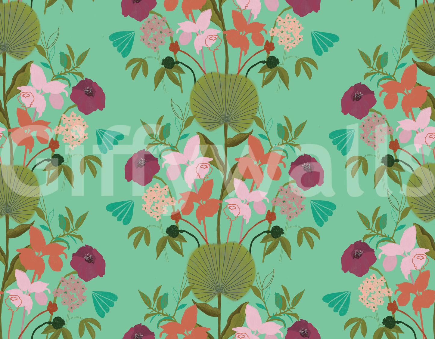 Asian-inspired wall design with lotus leaf motifs