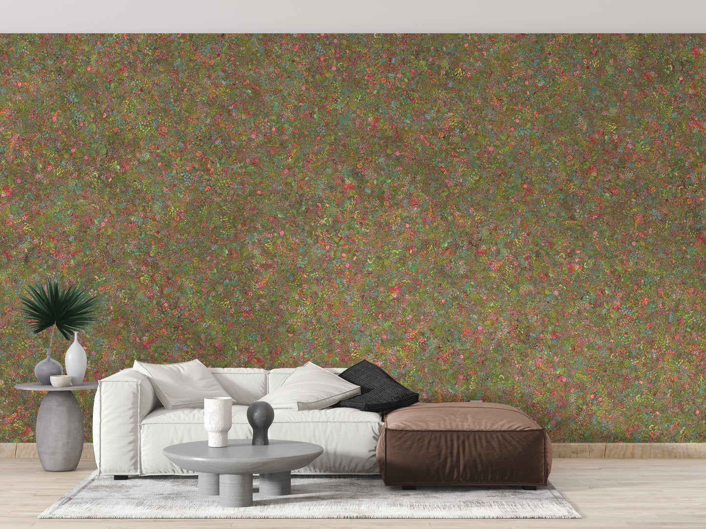 Embroidery Colorful Floral Removable wallpaper mural in red and green behind a white sofa and leather ottoman