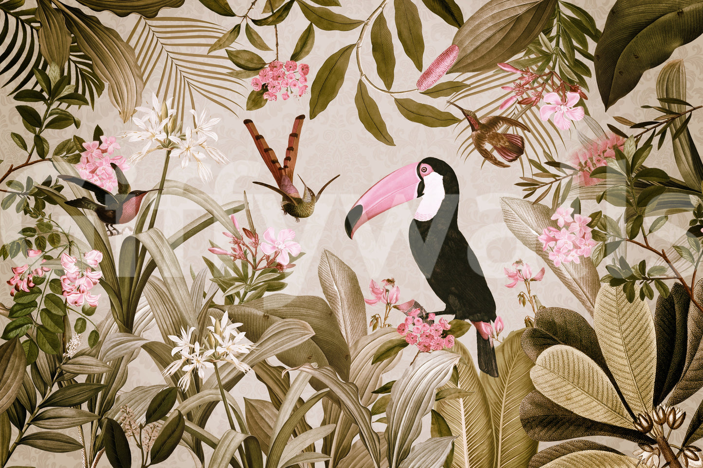 Tranquil jungle wall mural with soft leaves and subtle animals