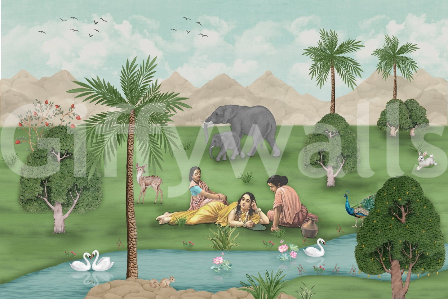 Wildlife landscape wall mural in Enchanted Mughal style