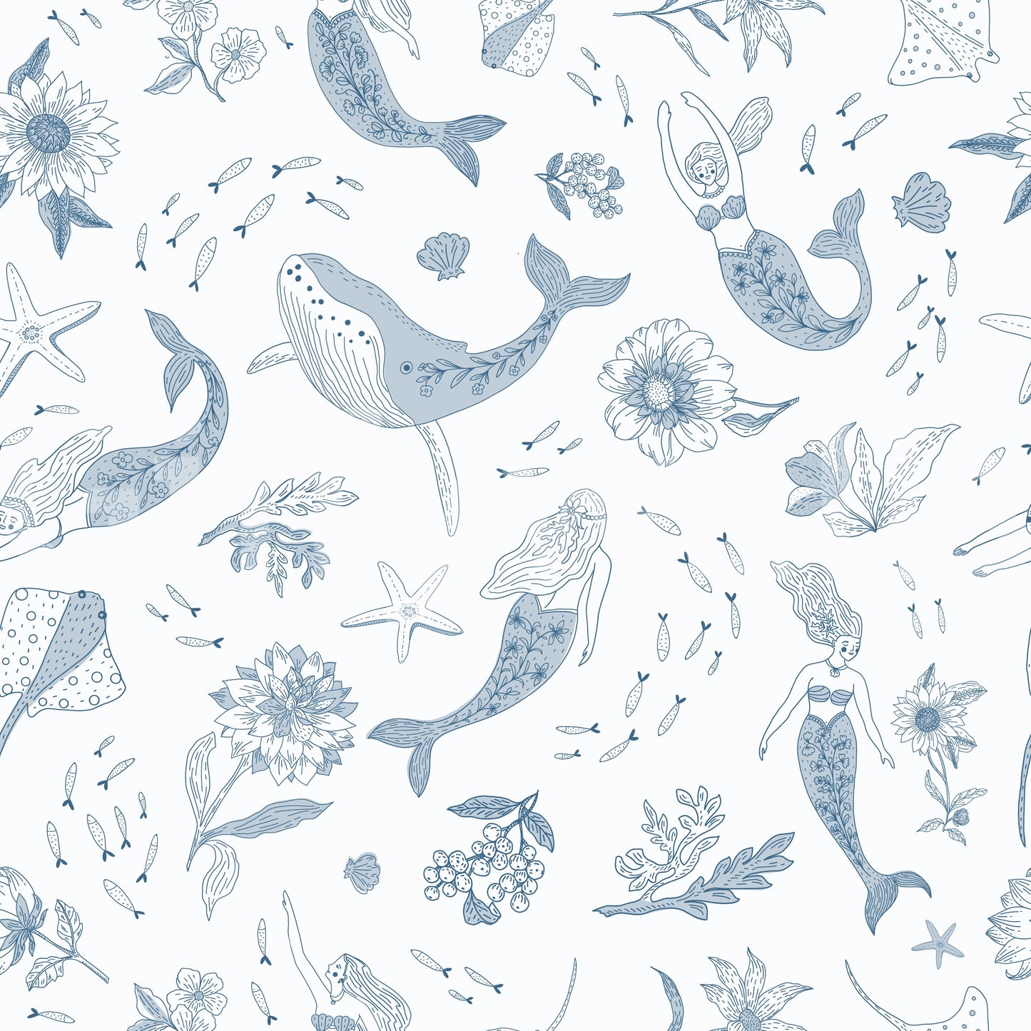 Enchanted Ocean wallpaper shown as a full-wall mural of blue line-art whales and mermaids on white