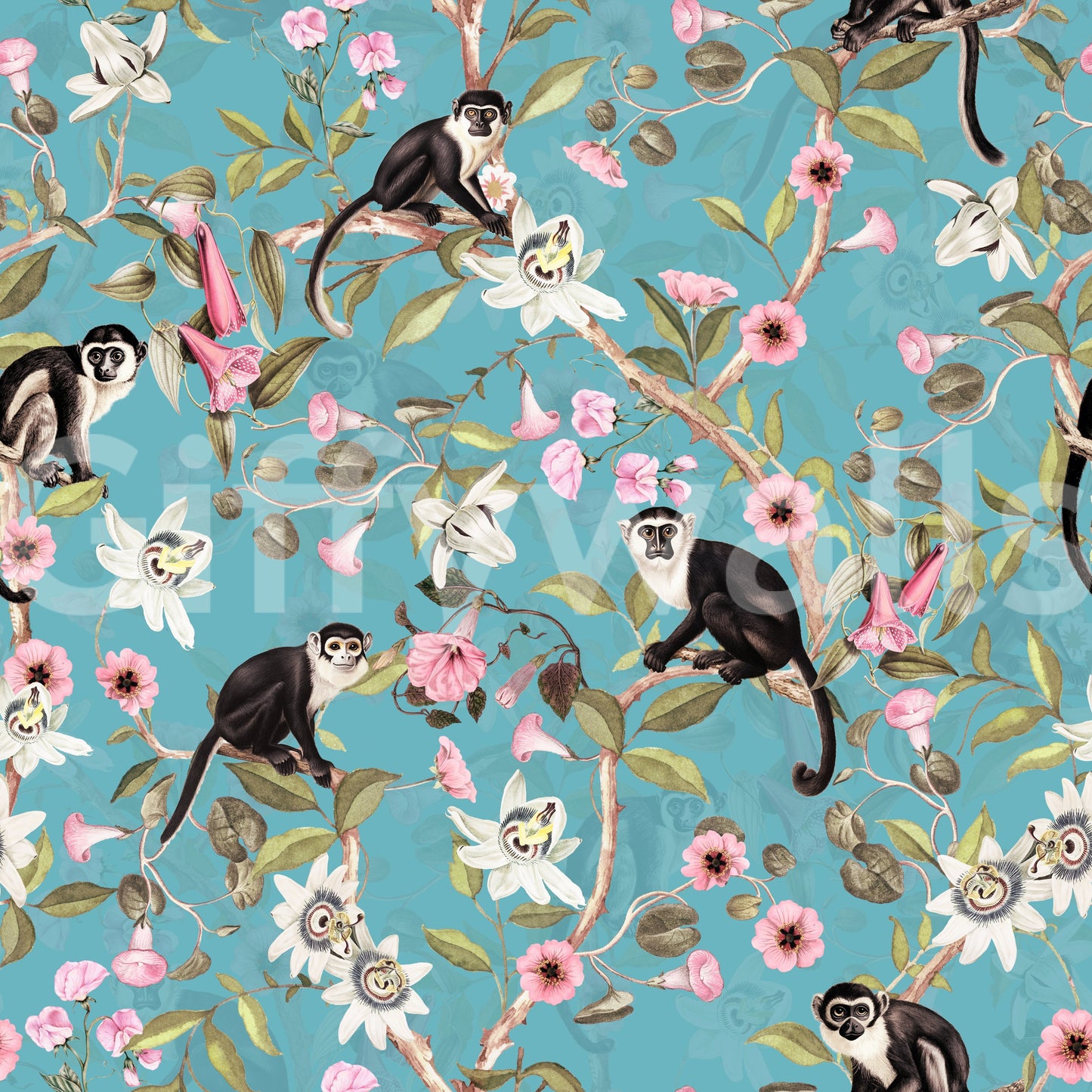 Nature-themed wallpaper with monkeys, flowers, and vines in bright hues.