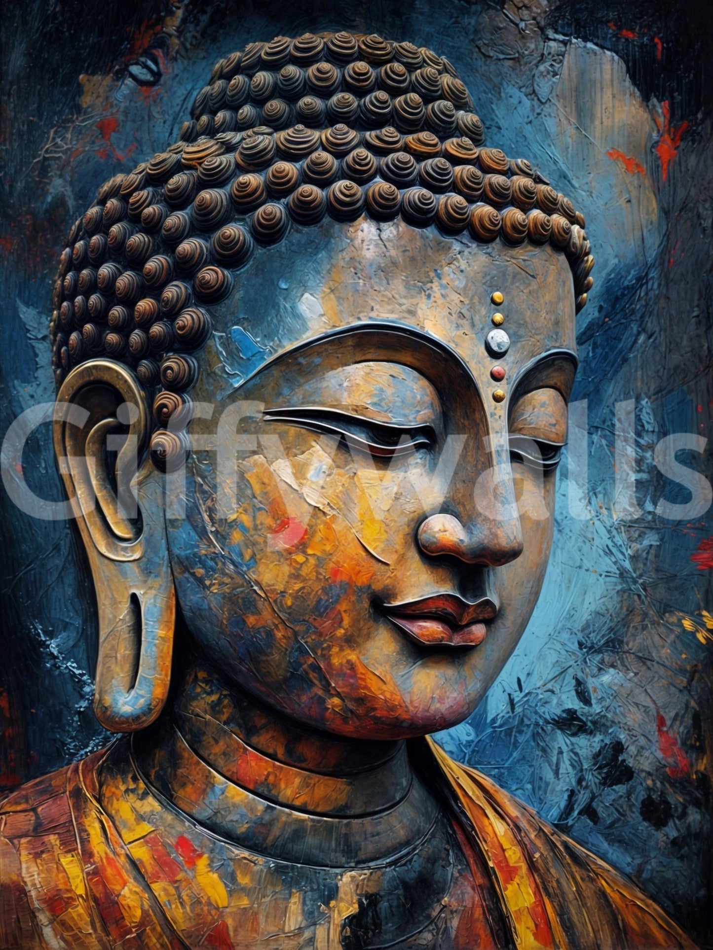 Enlightenment wallpaper mural close-up of the gold and orange painted Buddha head on a textured blue background