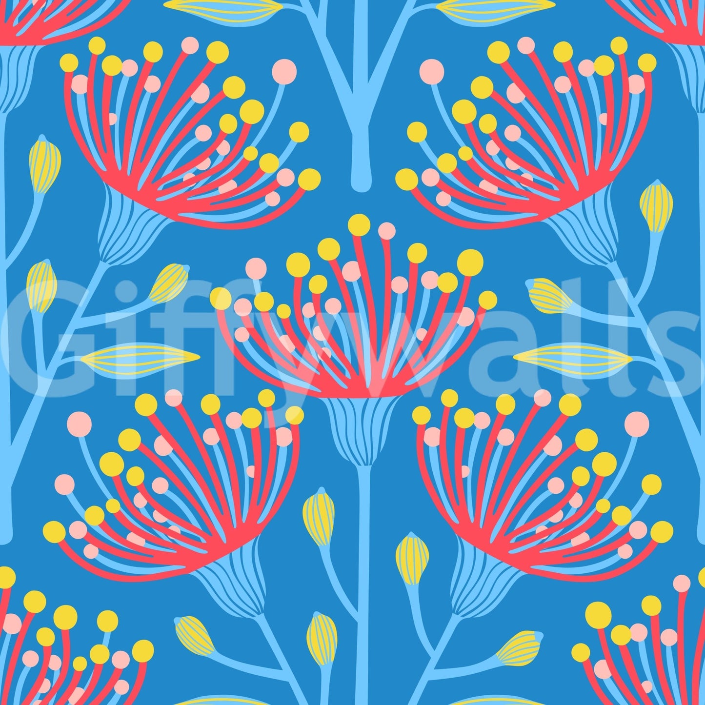 Eucalyptus Floral Botanical Icy Blue Red Yellow Pink on Bright Blue Wallpaper