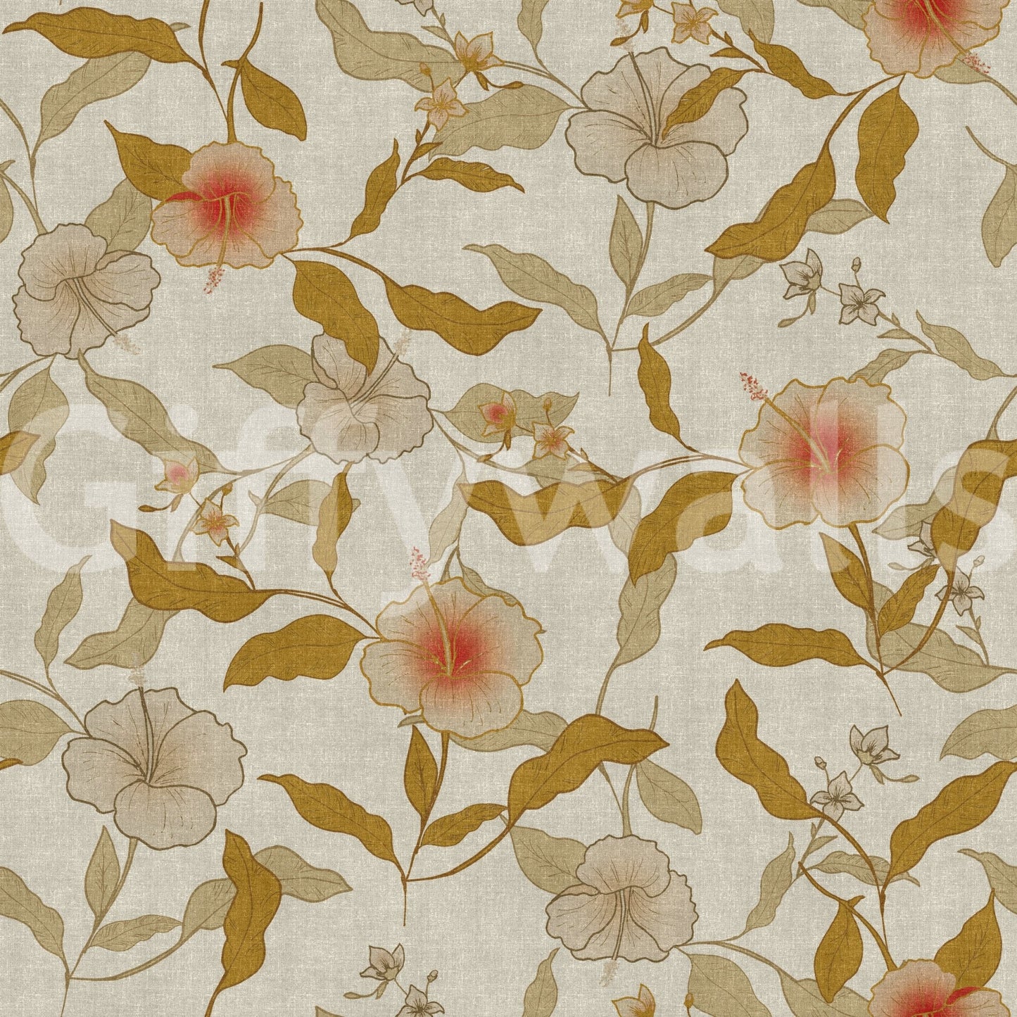 Botanical taupe wall mural with muted pastel blossoms.