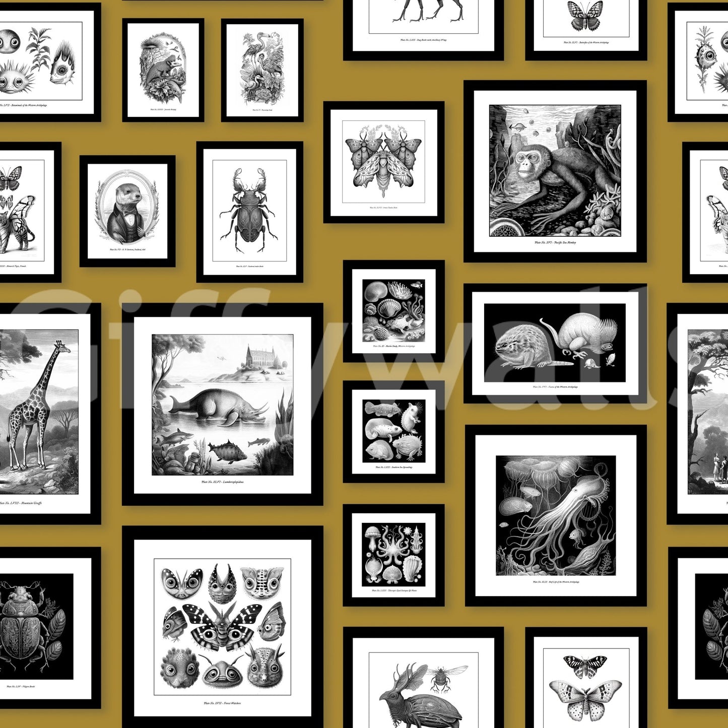 Storybook creatures in a mustard wallpaper print