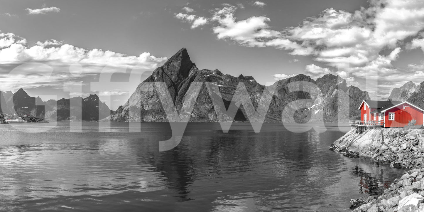 Fjord scenery wall mural for lounge area, mountains and water, calm color tones, modern decor