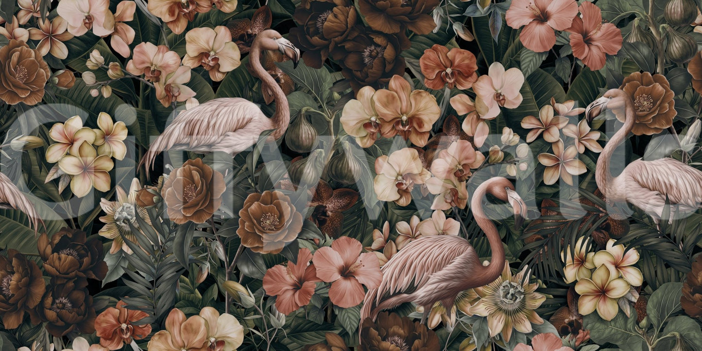 Flamingos in botanical setting wallpaper