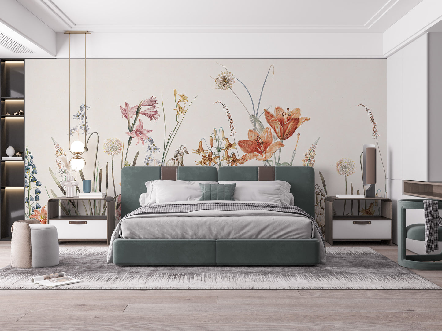 Unique hand-painted floral wall mural tones