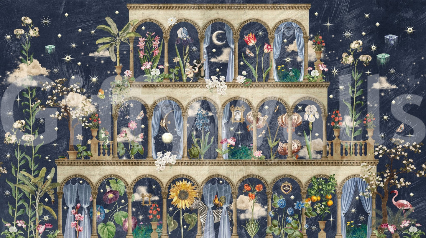 Garden florals on blue mural for hallway, rich blue tones with botanical accents