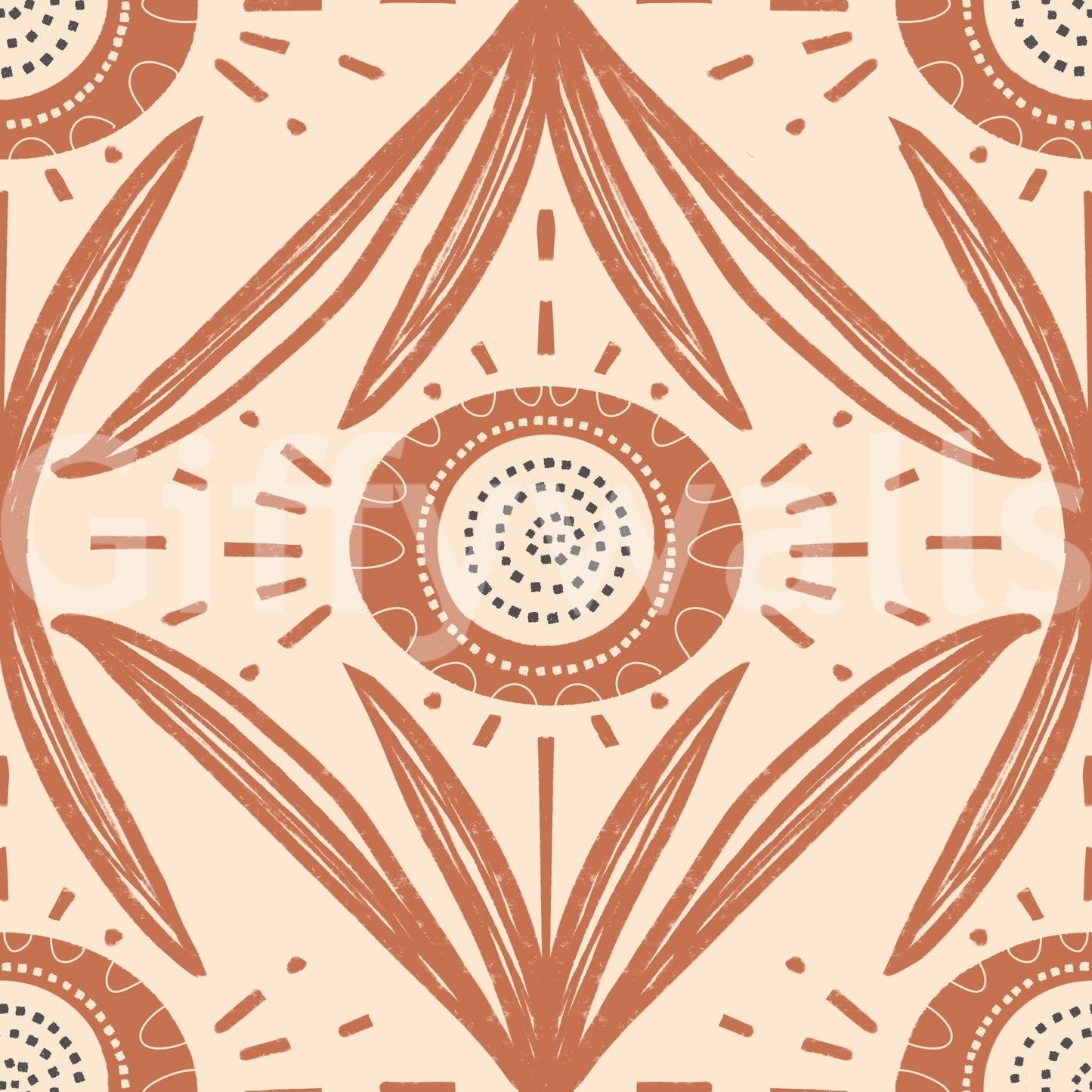 Cottage-style mural wallpaper in warm tones