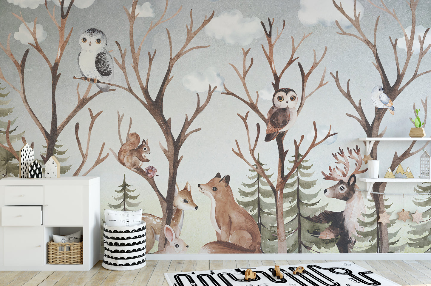 Forest Fall Kids Room wallpaper mural close-up showing the pattern detail and texture