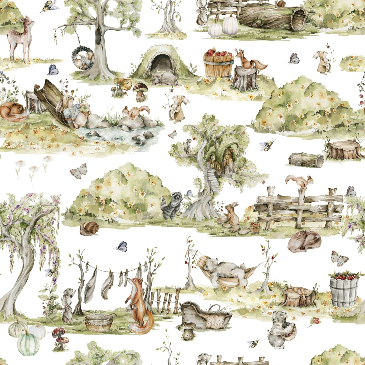 Child's room decoration, Forest Tales mural, hanging nest swing, tiny bugs.