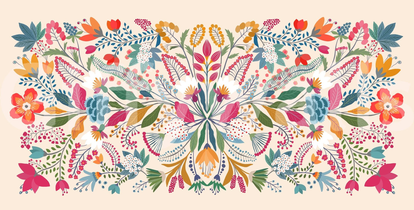 Frida's Garden wallpaper mural shown full-wall, a symmetrical folk-art bouquet on a cream ground