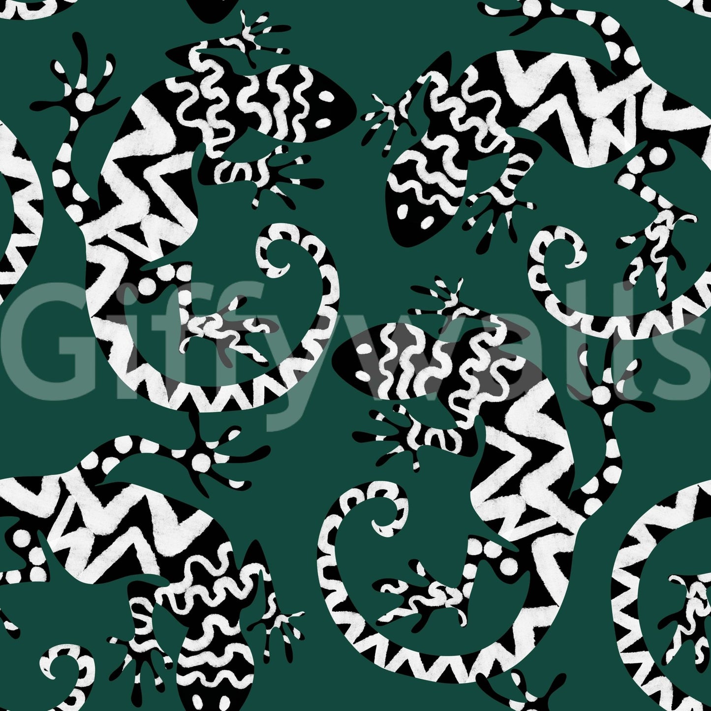 Gecko Groove wallpaper close-up showing white and black patterned geckos on a deep green background