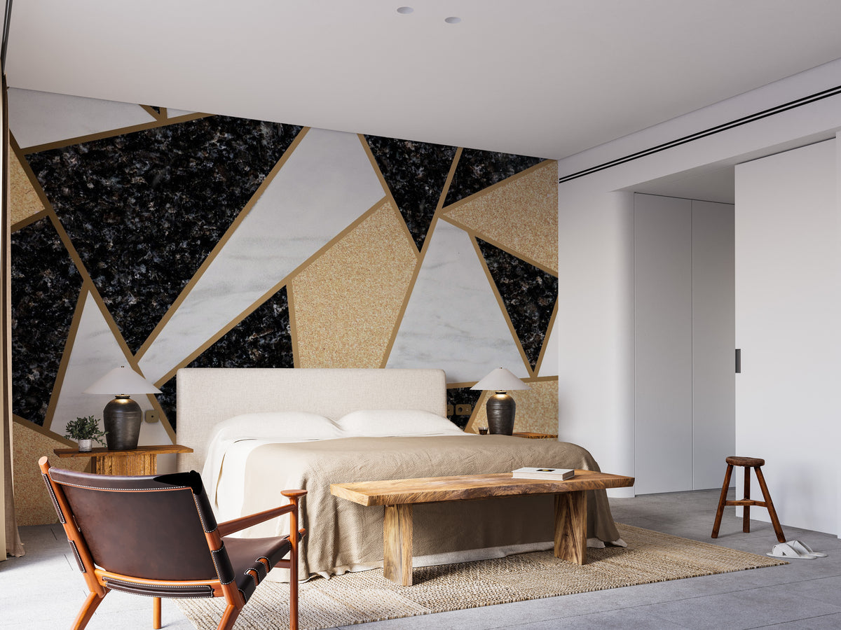 Contemporary marble wallpaper with geometric mosaic details.
