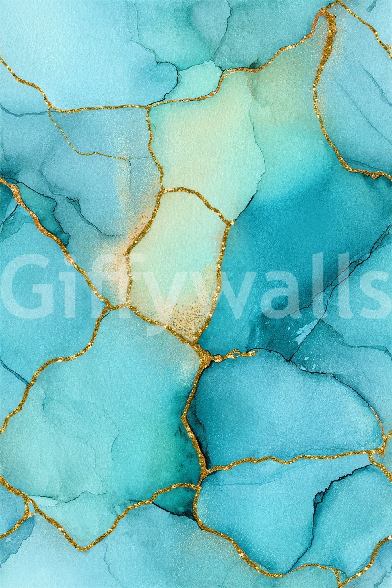 Gilded Aqua Dreams Marble wallpaper close-up showing the pattern detail of teal alcohol-ink marble with gold veining