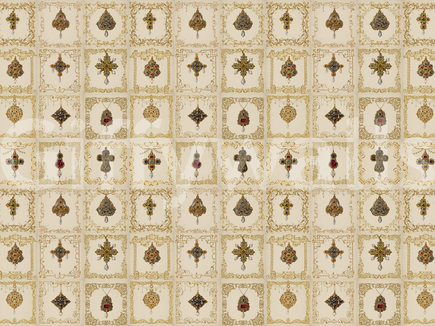 Pearl drops hang from jeweled crosses in this Gilded Relics Pattern wall mural.