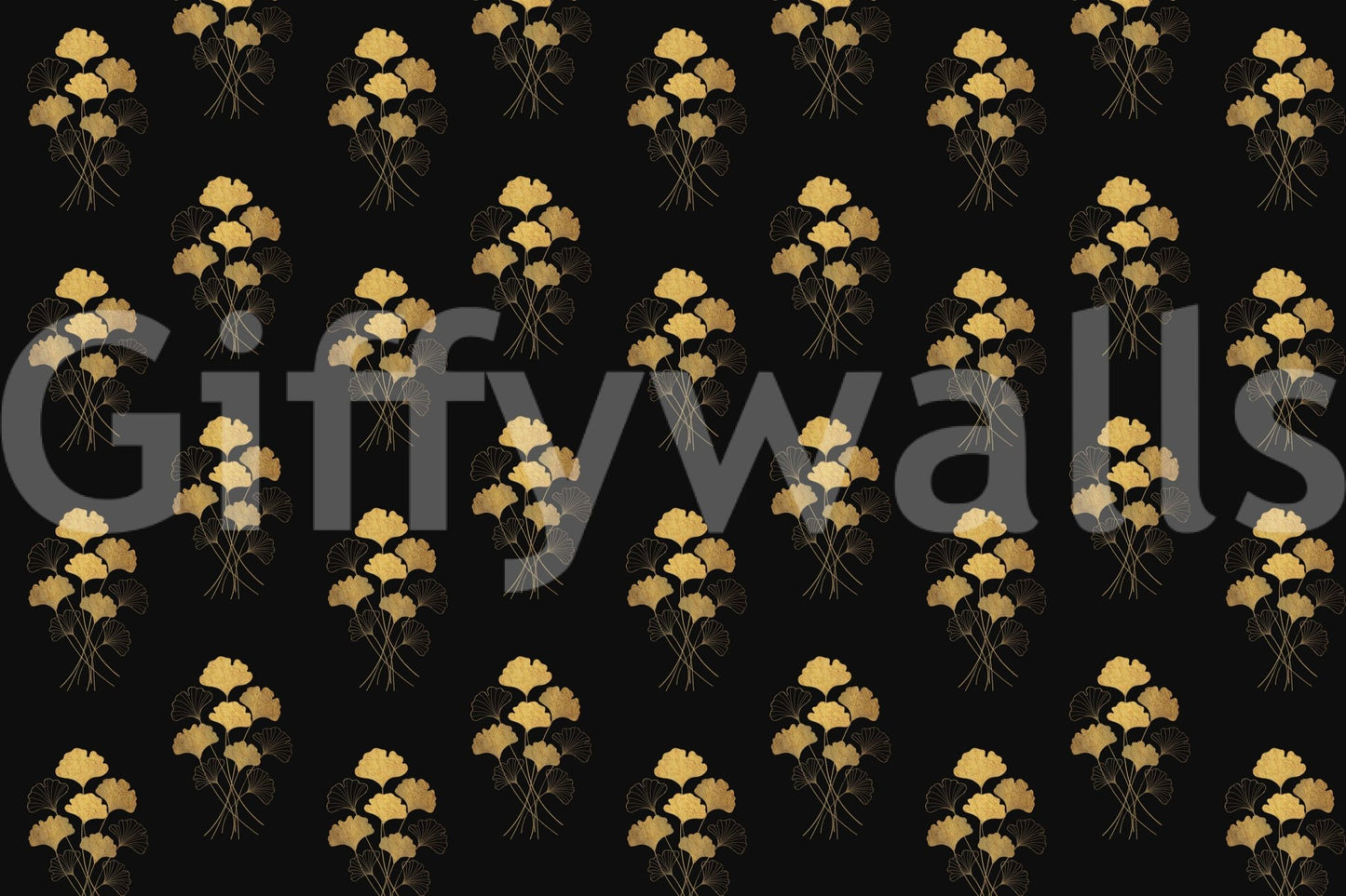 Ginkgo Luxury Gold wallpaper mural close-up showing the gold and bronze ginkgo leaf bouquets repeating on a black background