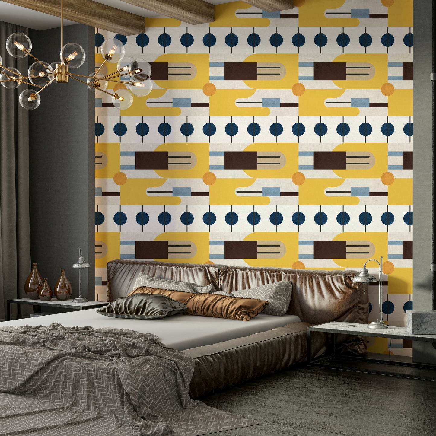 Golden Hour Hues wallpaper behind a brown leather platform bed with a brass sputnik chandelier