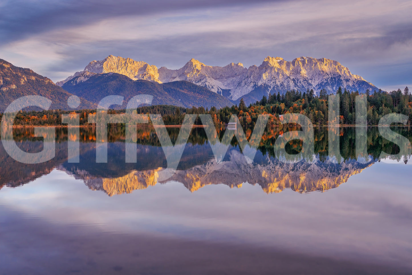 Golden Peaks Reflection wallpaper mural close-up showing the sunset alps mirrored in a calm autumn lake