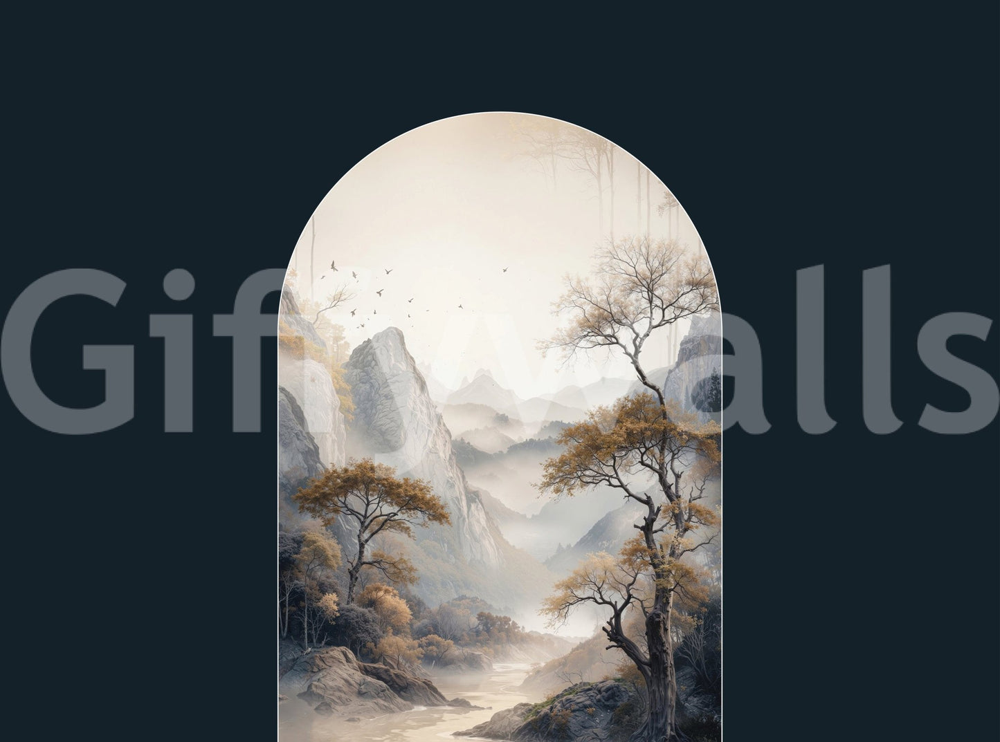 Golden Tree Archway wallpaper mural close-up showing the arched misty valley scene with golden trees, a river and birds