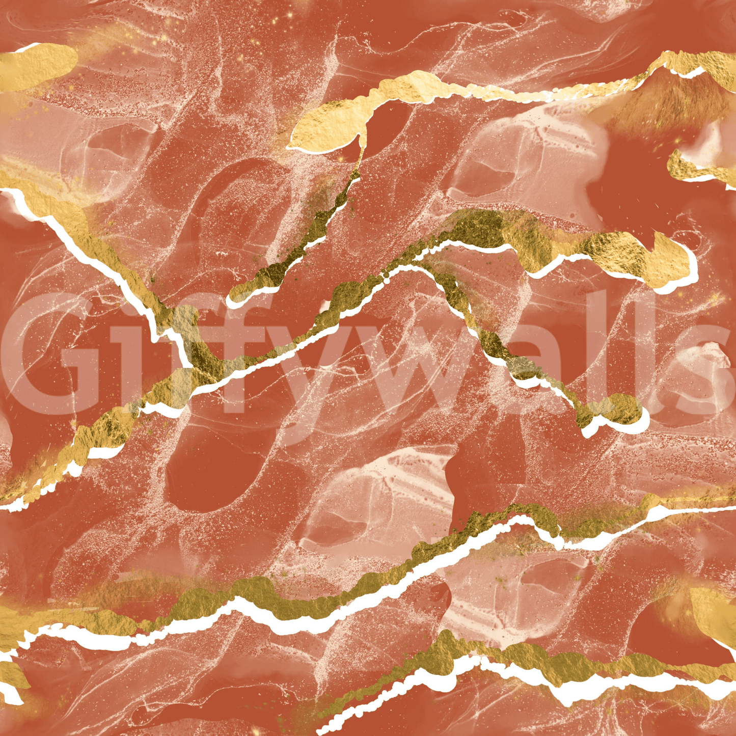 Golden Veins Burnt Sienna Marble wallpaper mural close-up showing the pattern of terracotta marble with gold veins