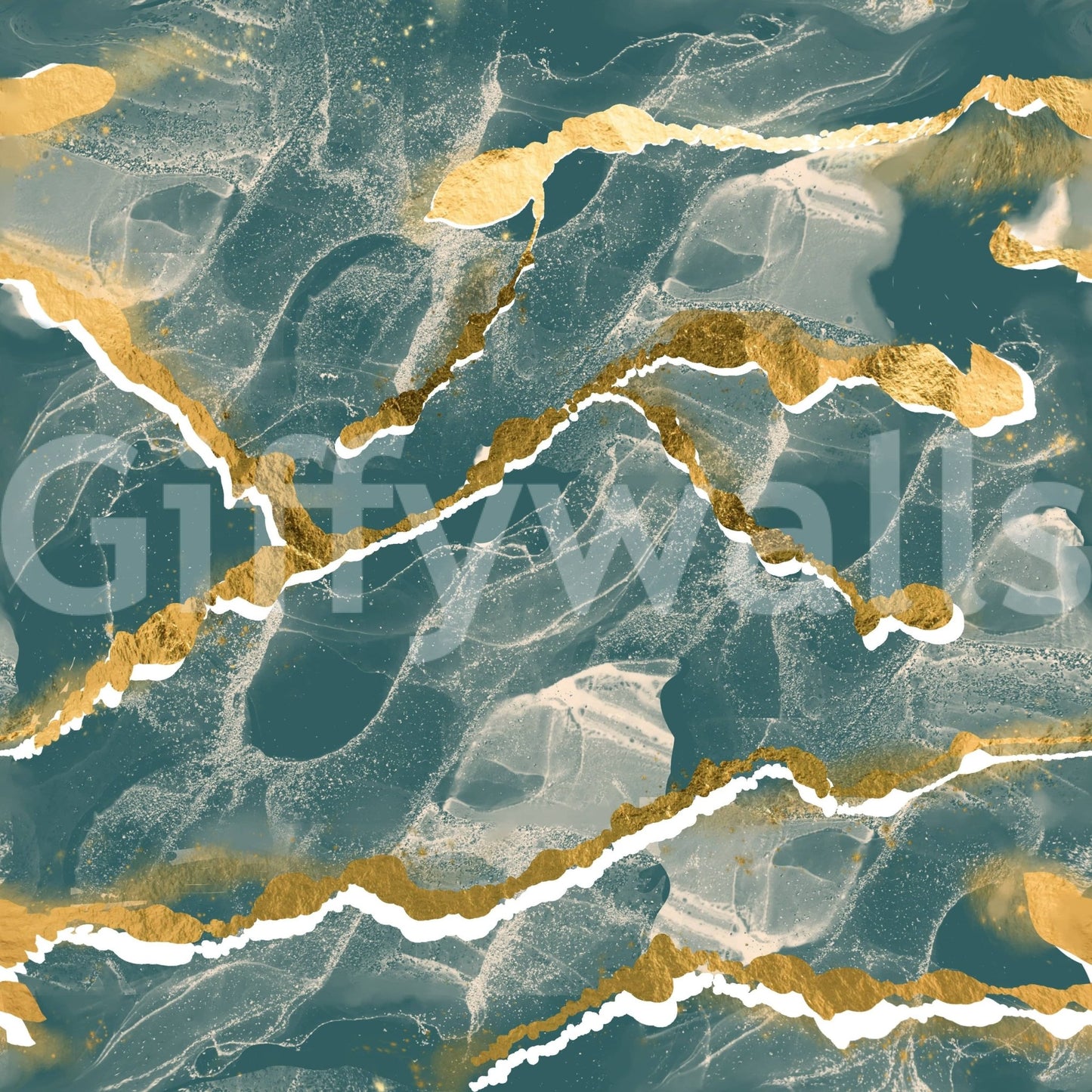 Golden Veins Deep Lagoon Marble - Modern Luxe Abstract Wall Mural