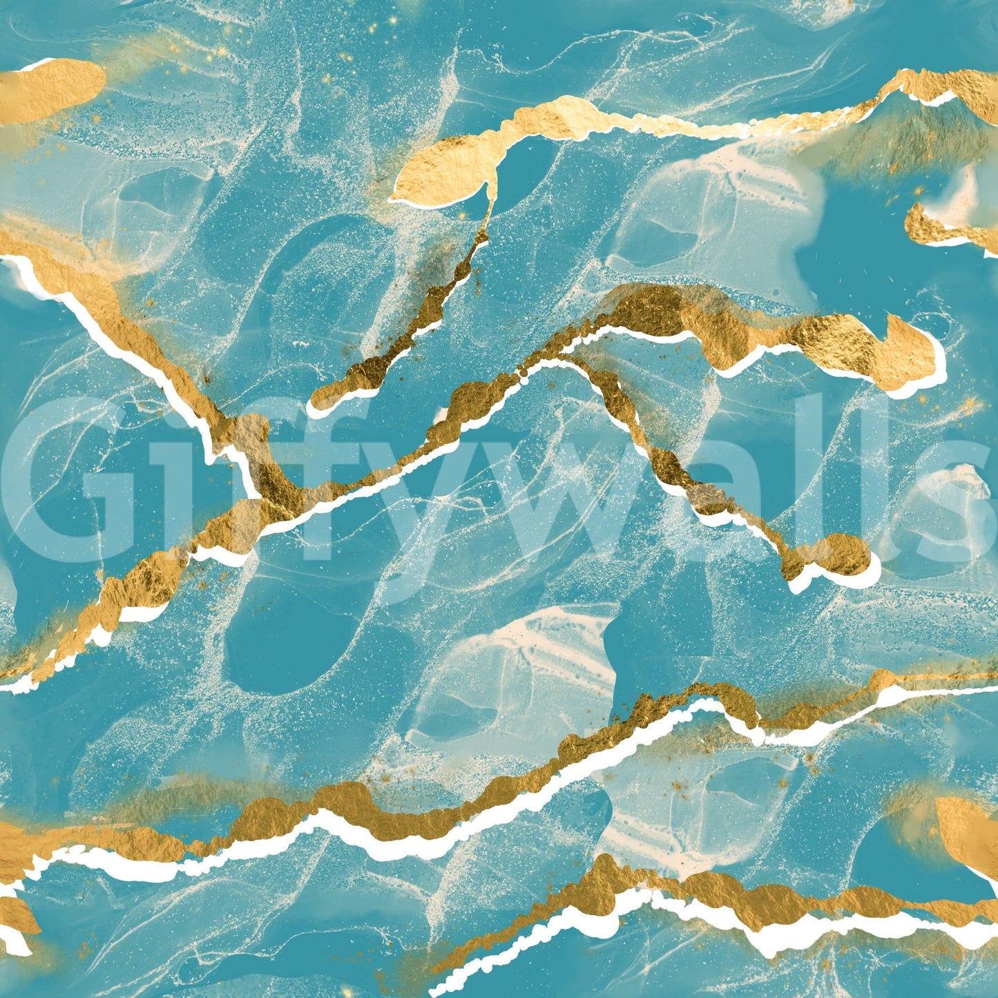 Golden Veins Tropical Teal Marble wallpaper mural close-up showing teal marble with gold foil veins and white cracks