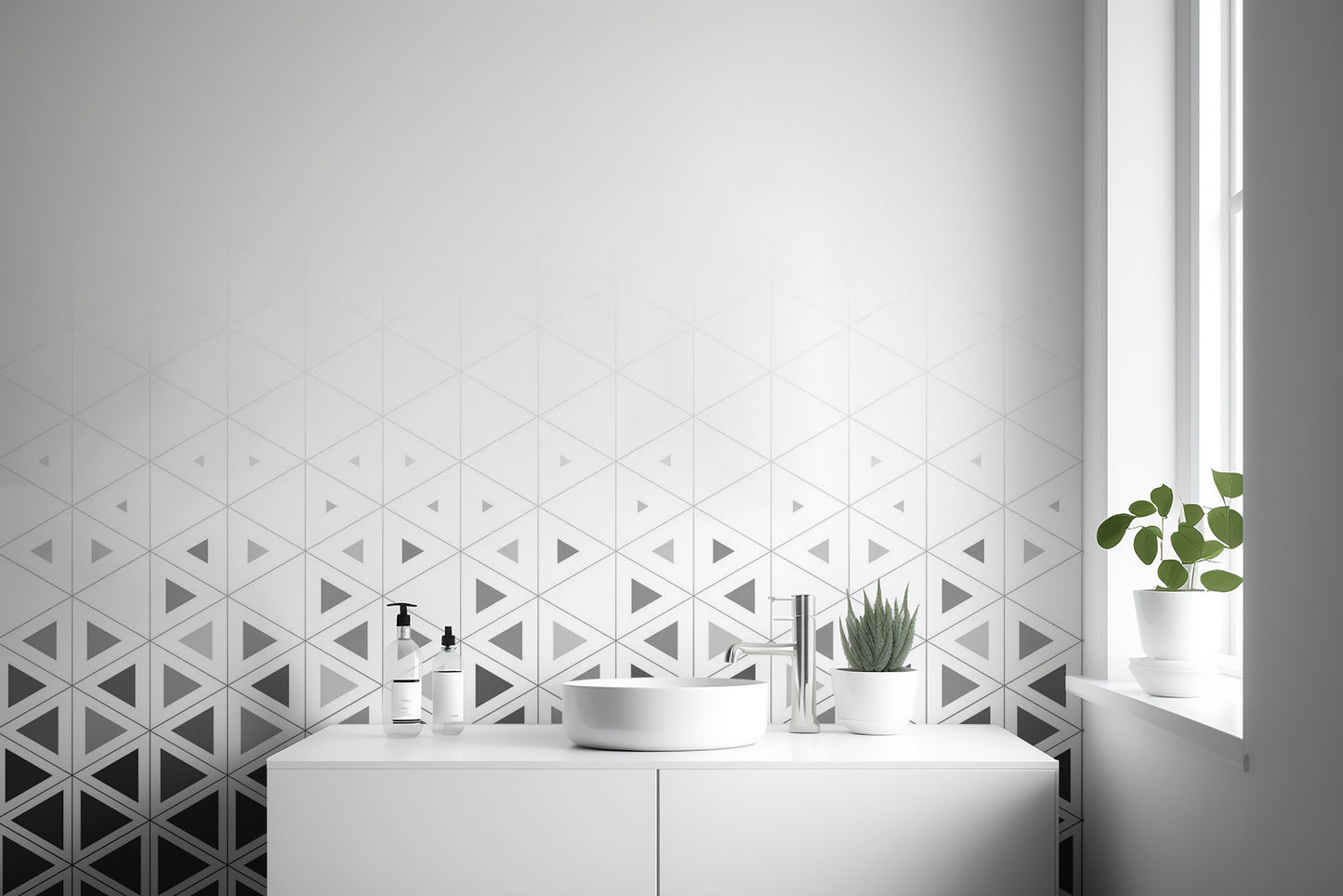 Earthy terracotta and beige geometric pattern bathroom wall mural for warmth.