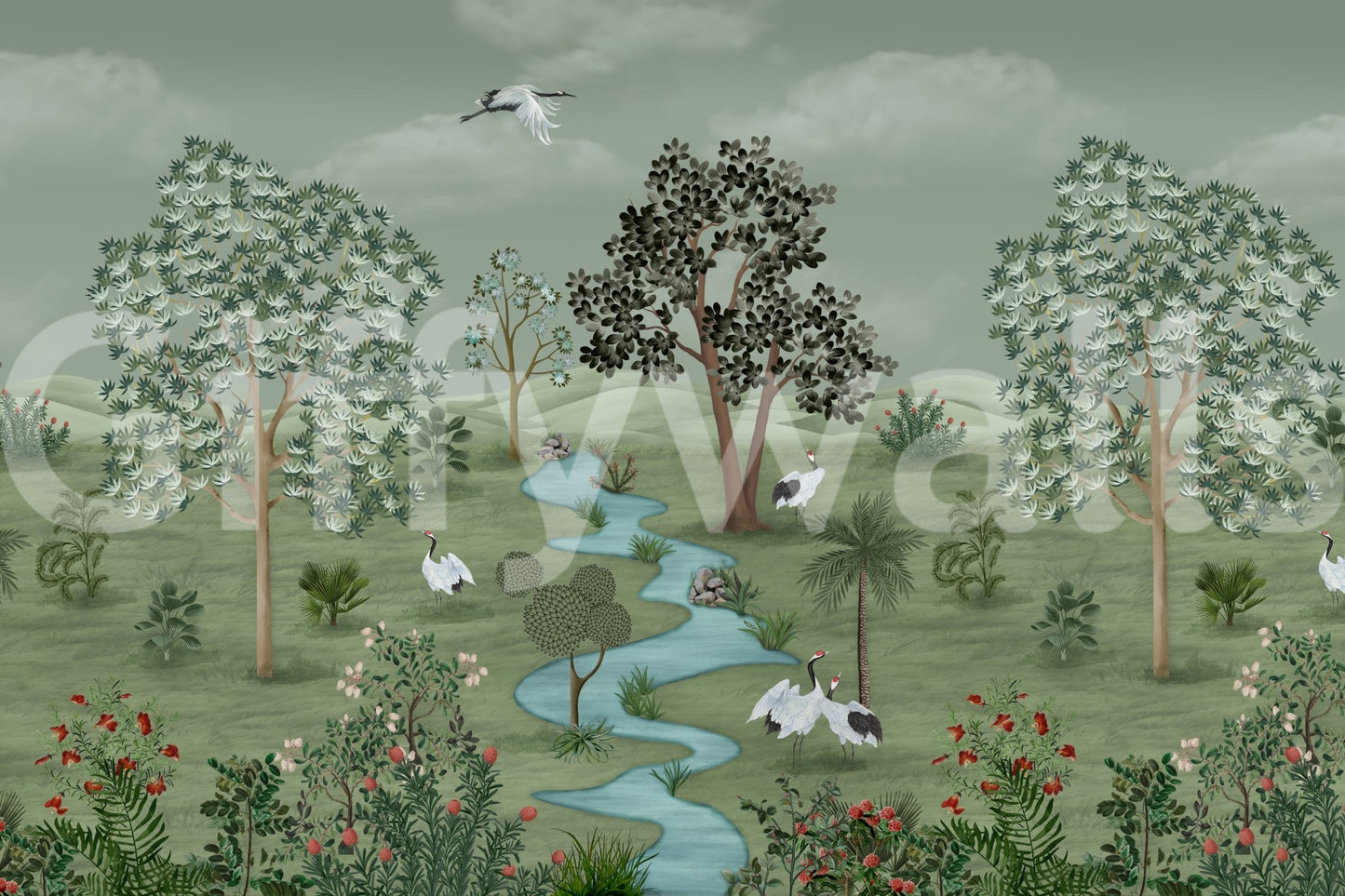 Peaceful scene with cranes by a flowing river surrounded by lush greenery in a wall mural.