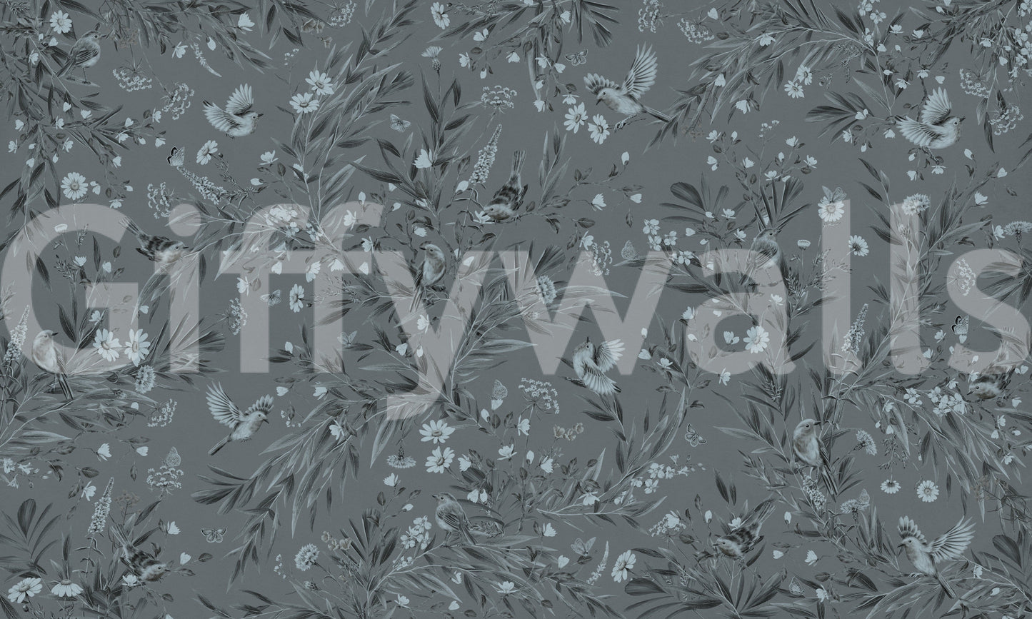 Grey Floral Aviary Wall Mural