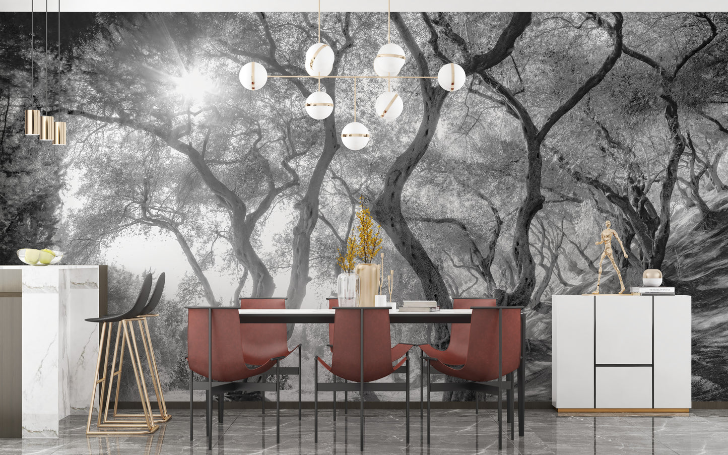 Black & White Natural Olive Groves Forest wallpaper mural styled along a hallway feature wall near a console