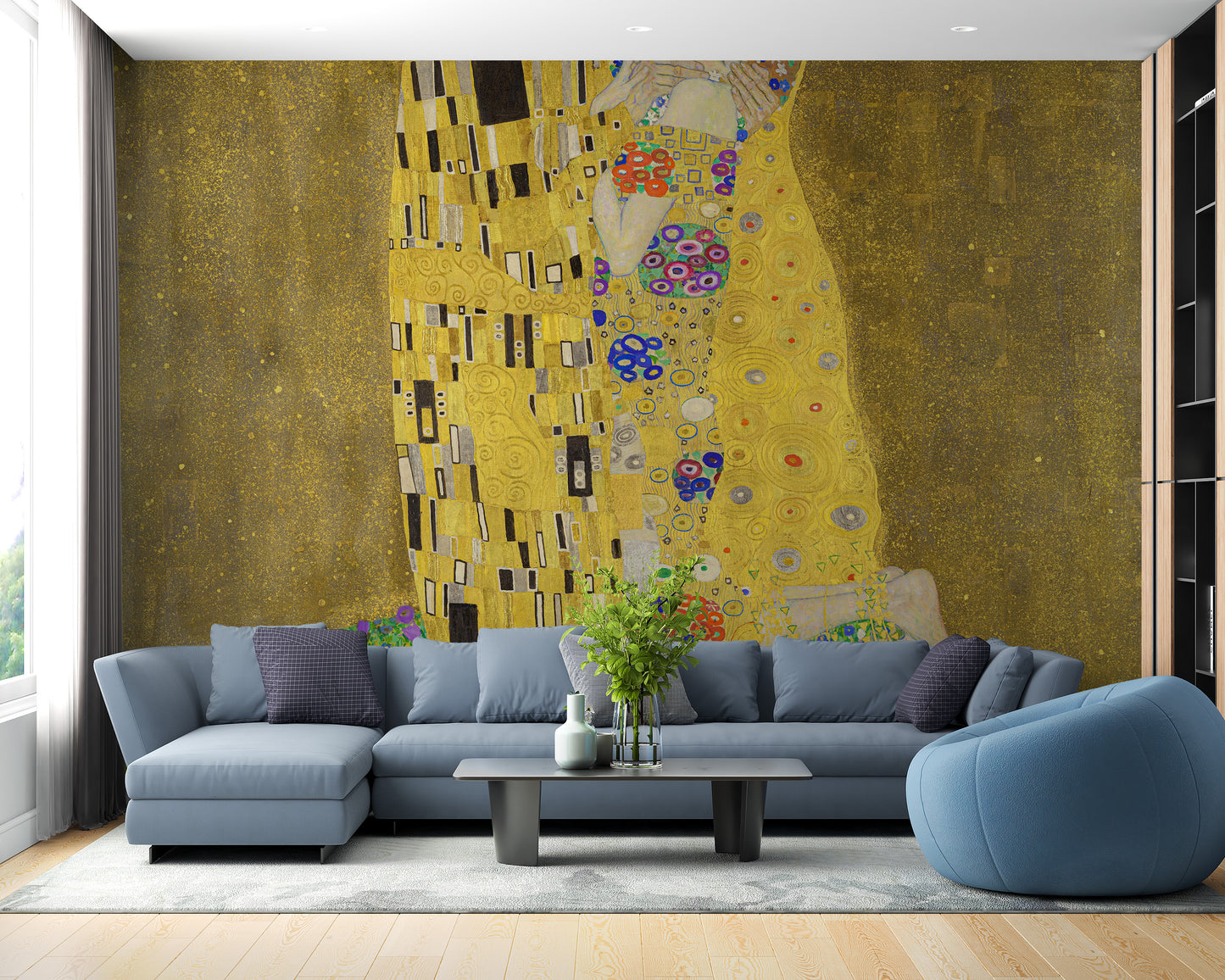 Gold-toned Kiss wall mural design