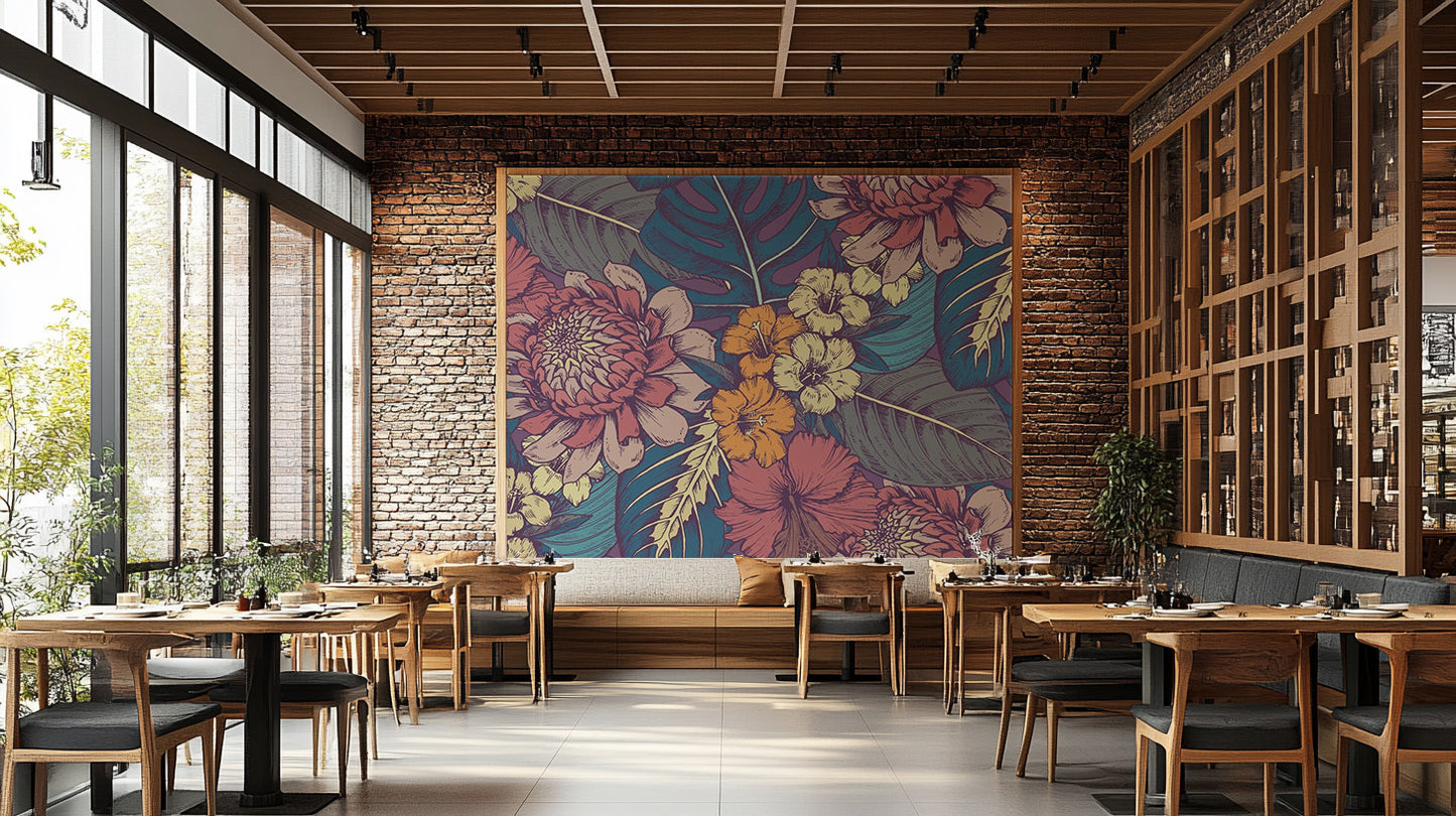 Modern tropical flower mural featuring artistic hand-drawn designs.