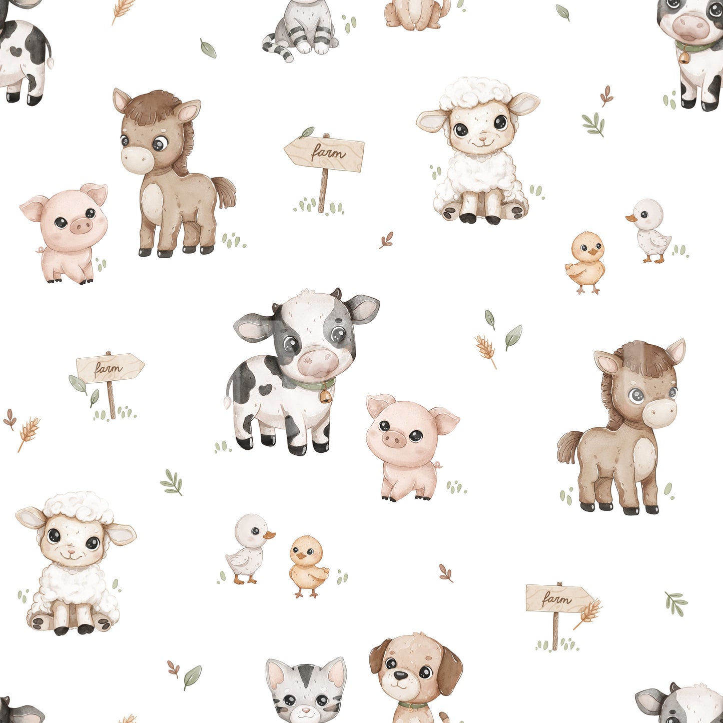 Happy Farmtime wallpaper close-up showing watercolor cows, ponies, pigs, sheep and ducklings with farm signs on white