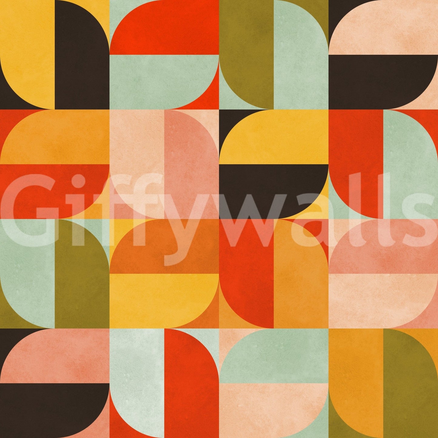 Color block wallpaper in mustard, coral and brown