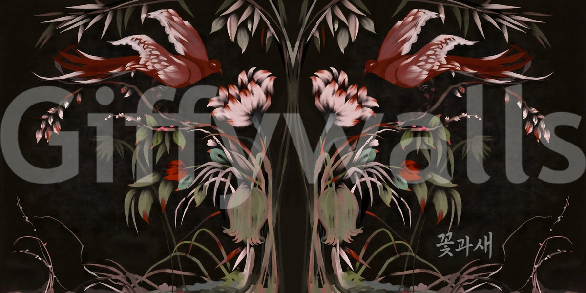 Heaven's Birds Joseon wallpaper mural close-up of mirrored crimson birds and pink flowers on a dark background