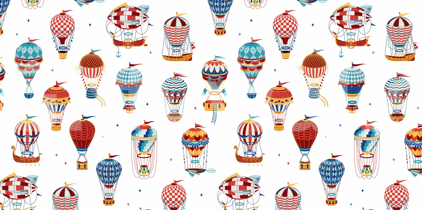 Up, Up and Away wallpaper mural shown full-wall with vintage red, blue and teal hot air balloons and airships on a cream sky