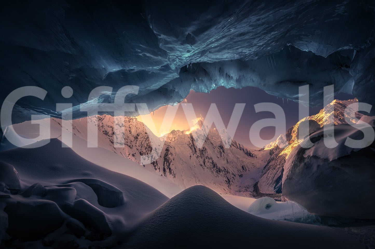 Frozen Kingdom Vista wallpaper mural close-up of a blue ice cave opening onto golden sunlit snow-capped peaks